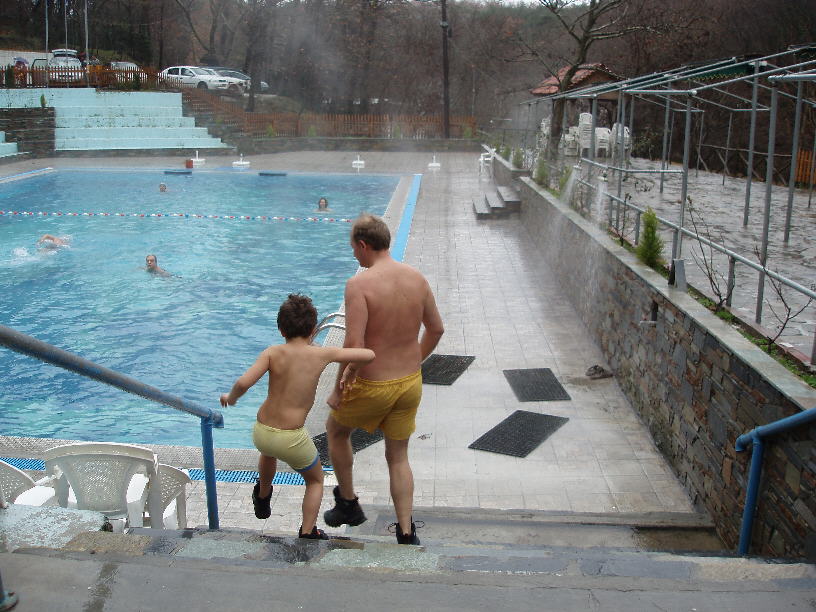 Laurent and young Alexandre make for the pool